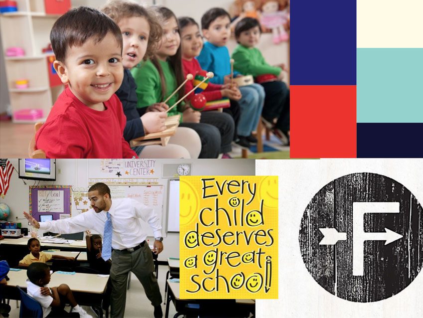 A collage of different school subjects and activities.