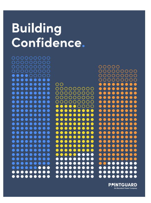A poster with the words building confidence in front of three different colored buildings.