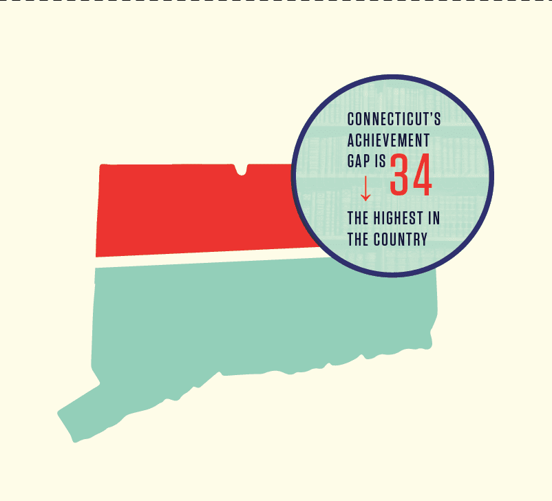 A map of connecticut with the state 's highest achievement gap in the country.