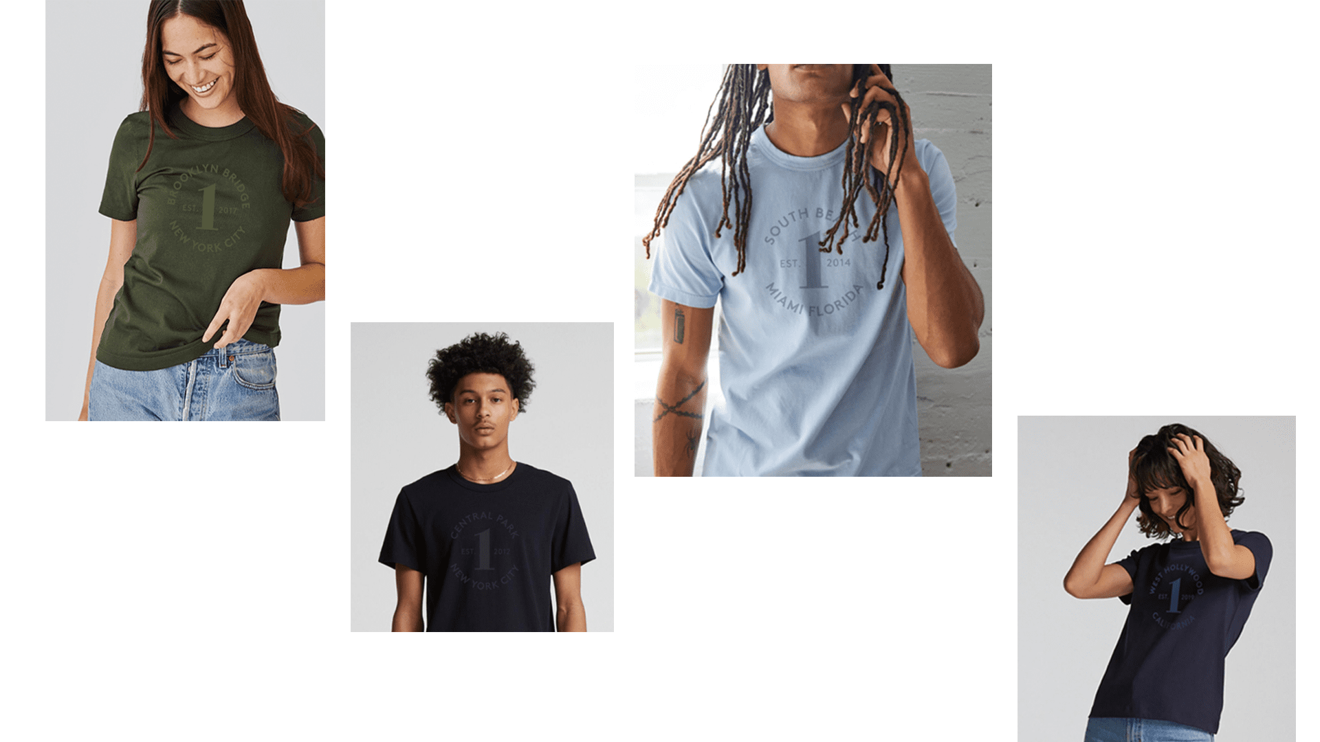A collage of different men 's t-shirts with one man wearing a black shirt.