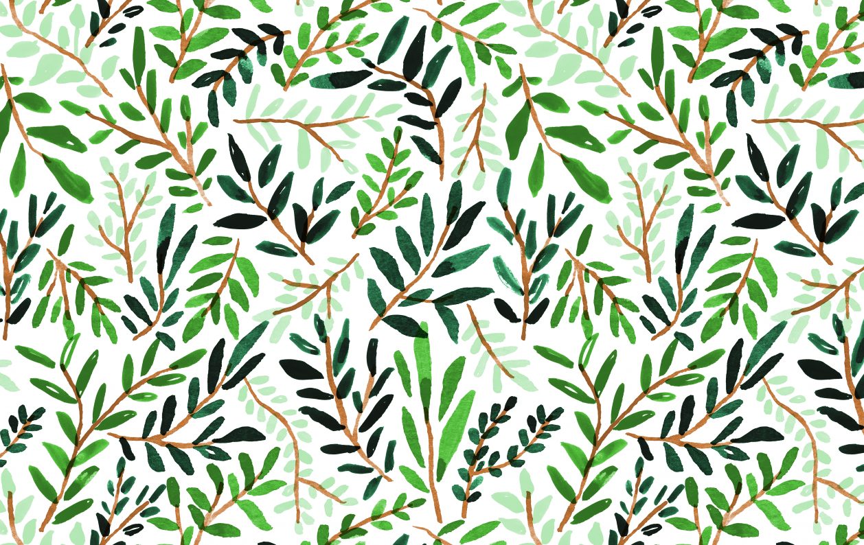 A pattern of green leaves on a white background.