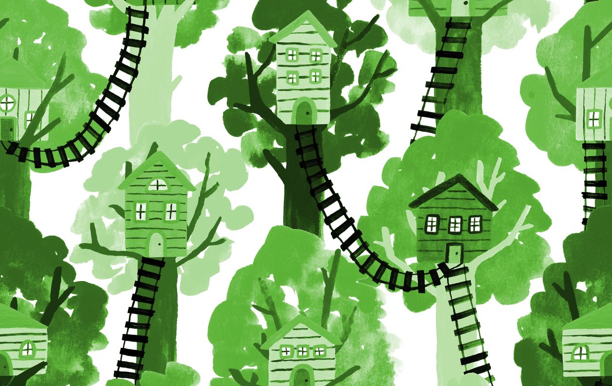 A pattern of green trees with houses on them.