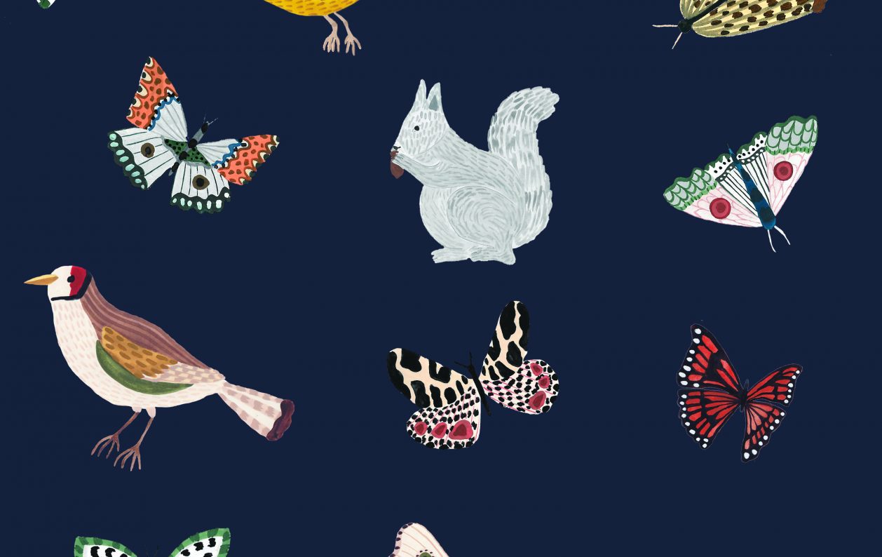 A collection of birds and butterflies on a dark blue background.