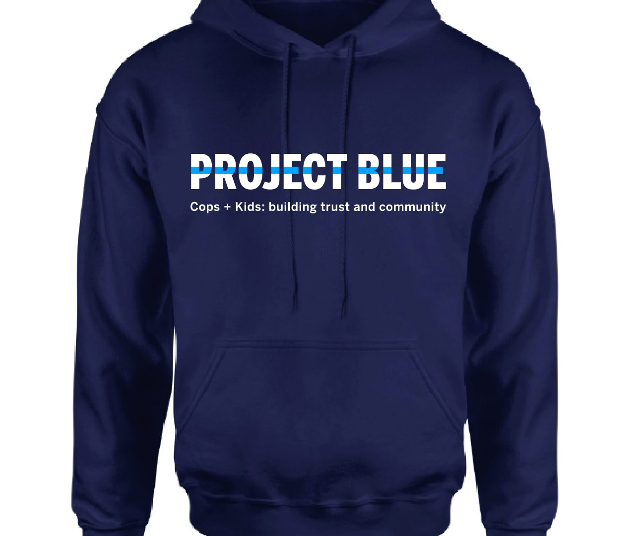 A blue hoodie with the words project blue written on it.
