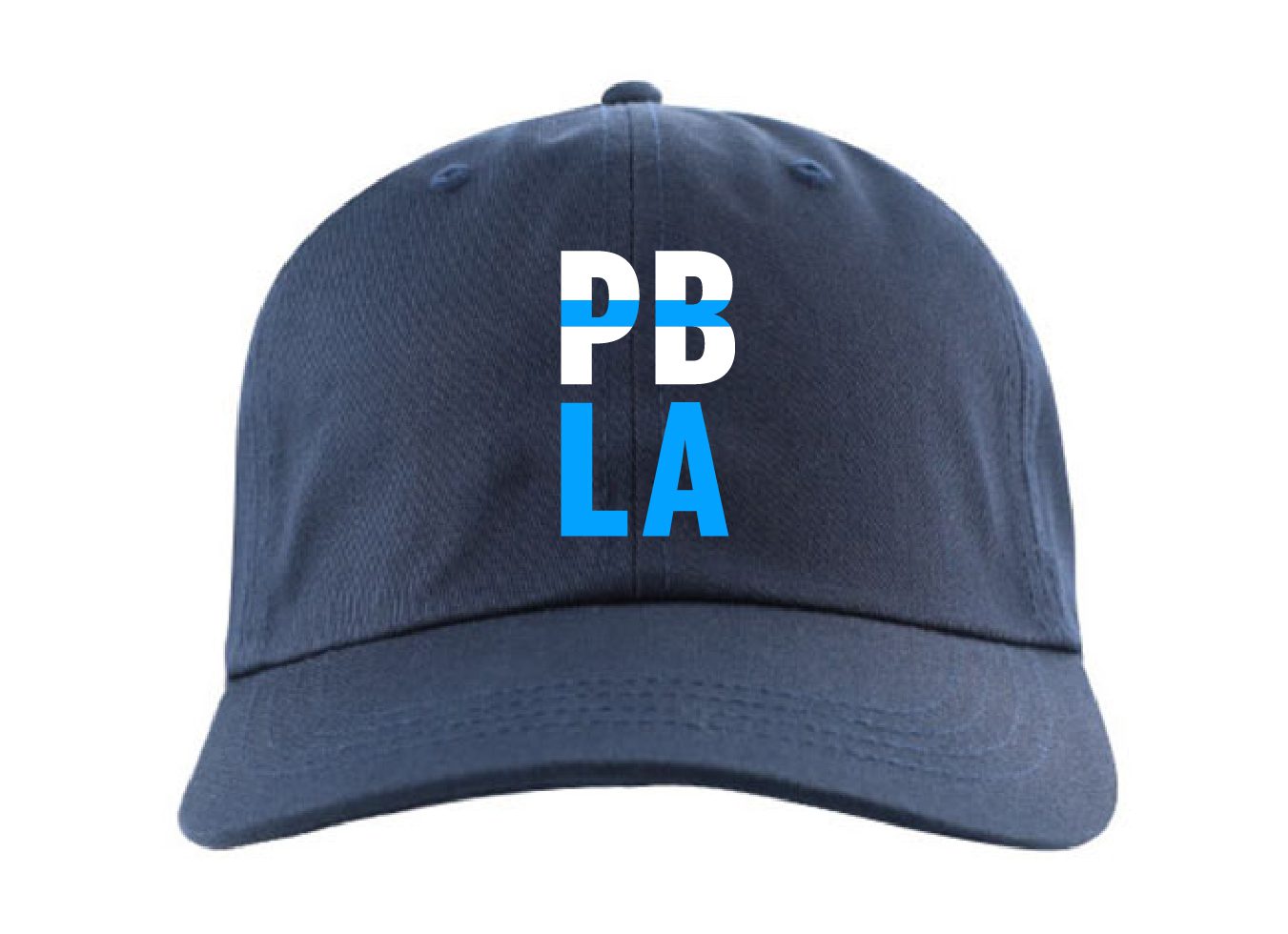 A navy blue hat with the letters pb la on it.