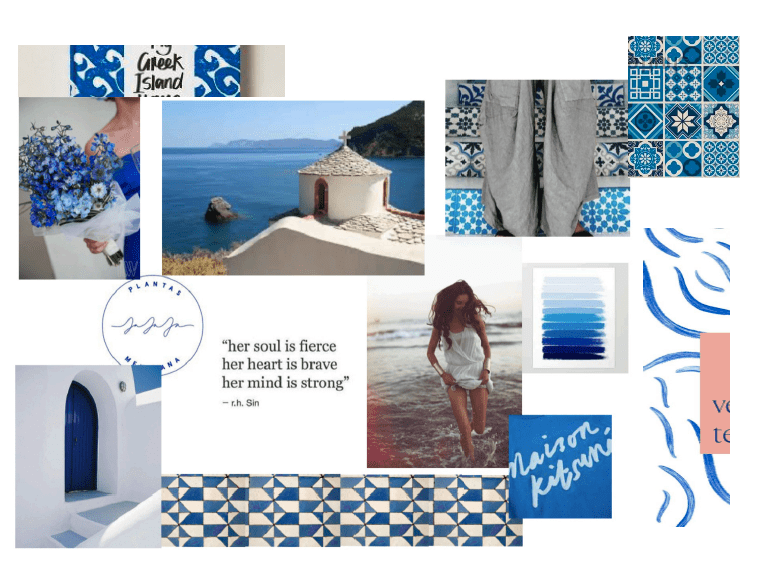 A collage of blue and white images with quotes.